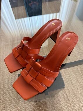 Zara Orange Woven Strap Block Heels